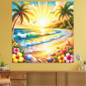 Tropisch strand zonsopgang met palmbomen, golven canvas afdruk (Insitu (Woonkamer))