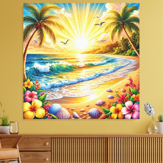 Tropisch strand zonsopgang met palmbomen, golven canvas afdruk (Insitu (Woonkamer))