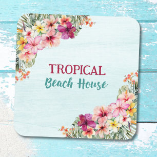 Tropisch strandhuis roze bloemen bloemrijk botanis bier onderzetter