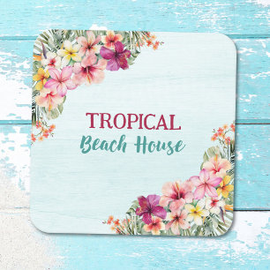 Tropisch Strandhuis Roze Bloemen Bloemrijk Botanis Kartonnen Onderzetters