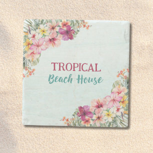 Tropisch Strandhuis Roze Bloemen Bloemrijk Botanis Stenen Onderzetter