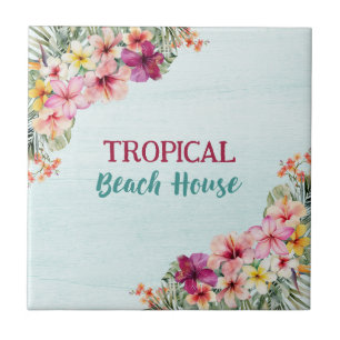 Tropisch strandhuis roze bloemen bloemrijk botanis tegeltje