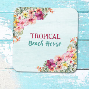 Tropisch strandhuis Roze Bloemen Bloemrijk Botanis Vierkante Sticker