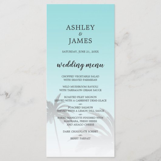 Tropisch strandhuwelijk met blauwe palmboom menu (Voorkant)