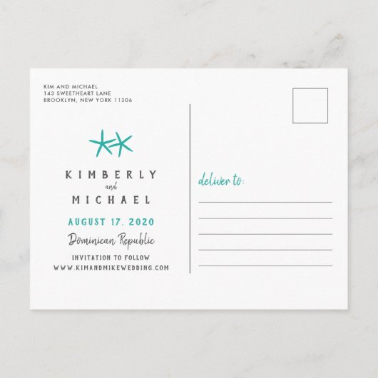 Tropisch strandhuwelijk Palm Beach Save the Date Aankondigingskaart (Achterkant)