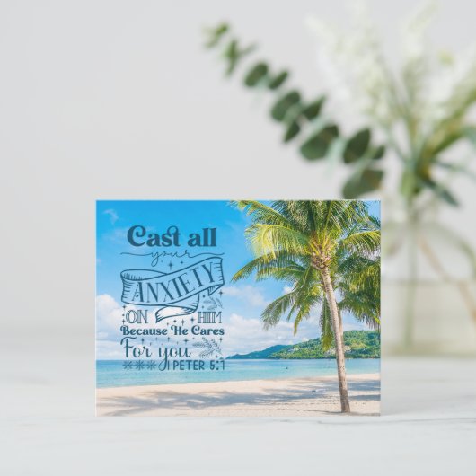 Tropisch strandlandschap, 1 Petrus 5:7 Bijbelvers Briefkaart (Staand voorkant)
