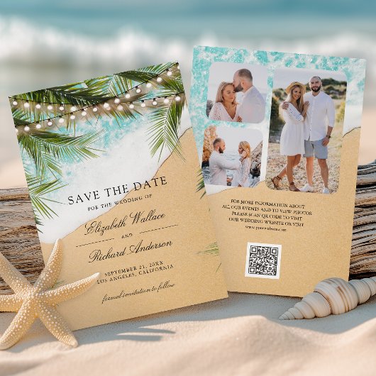 Tropisch strandlichten foto QR-code trouwdag Save The Date