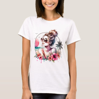 Tropisch strandmeisje aquarel t-shirt