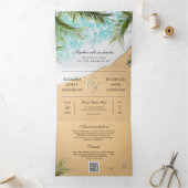 Tropisch strandpalm Alles in één QR-code bruiloft Drieluik Uitnodiging (Binnen)