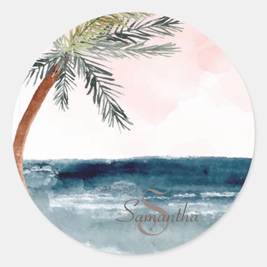 Tropisch strandpalm-monogram ronde sticker (Voorkant)