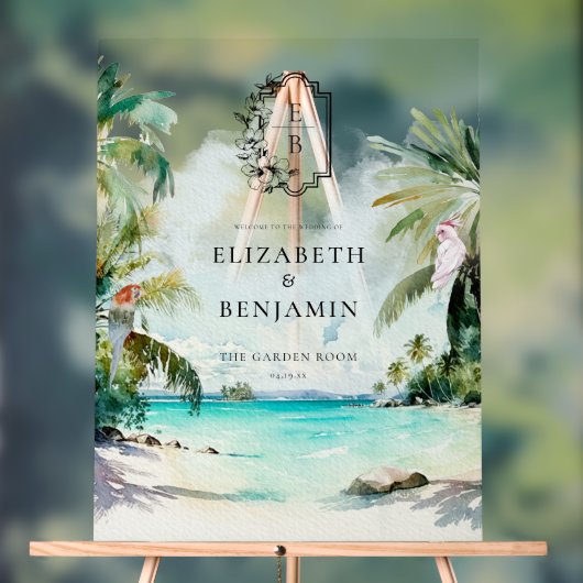 Tropisch strandpalm | Monogram trouwwelkom Acryl Bord (Neutraal)