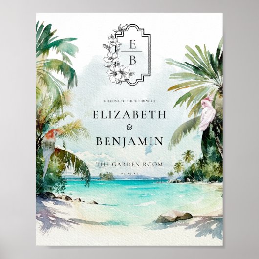 Tropisch strandpalm | Monogram trouwwelkom Poster (Voorkant)