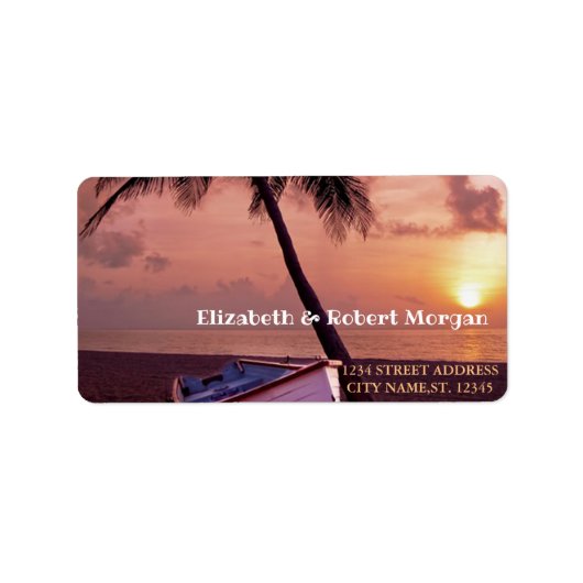 Tropisch strandpalm Sunset Boat Weduwlabel Etiket (Voorkant)