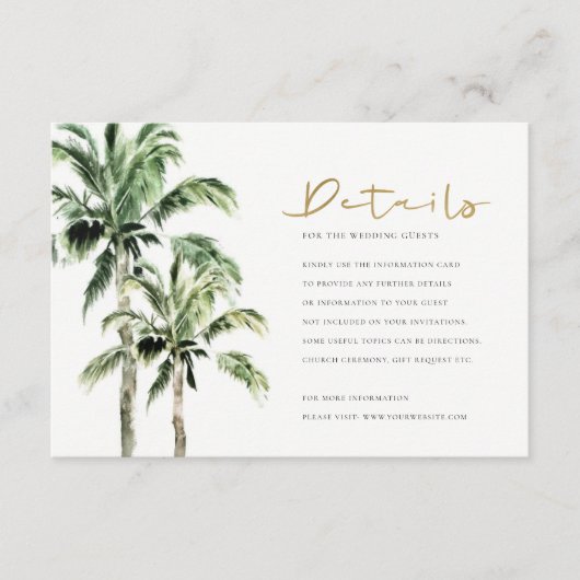 Tropisch strandpalm Trees Rustic Wedding Detail Informatiekaartje (Voorkant)