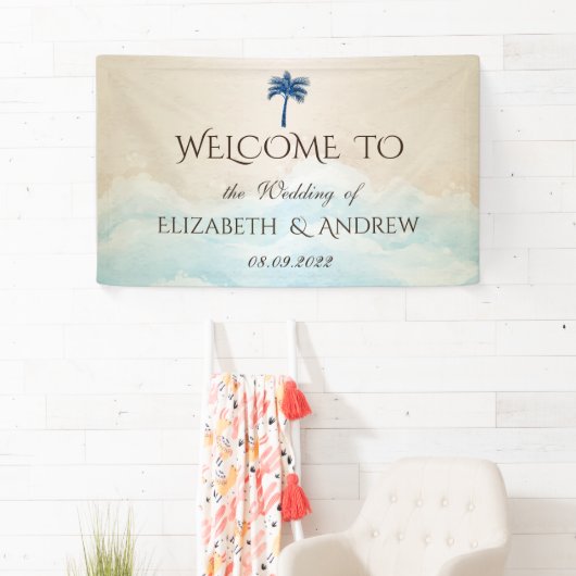 Tropisch strandpalmhuwelijk spandoek (Insitu)