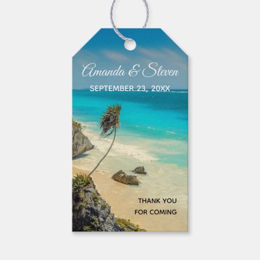 Tropisch strandparadijs met palmbomen bruiloft cadeaulabel (Voorkant)