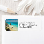 Tropisch strandparadijs met palmbomen etiket (Insitu)