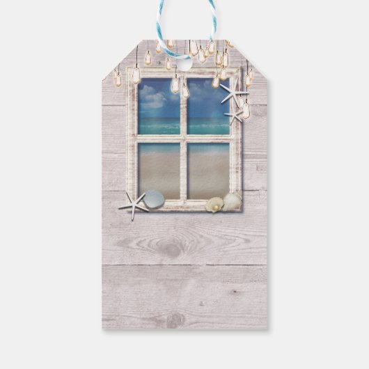 Tropisch strandraam wit hout elegante kustlijn cadeaulabel (Achterkant)