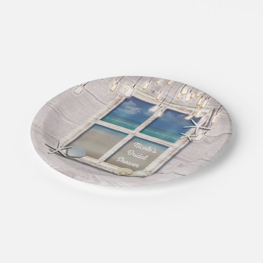 Tropisch strandraam wit hout elegante kustlijn papieren bordje (Gekanteld)