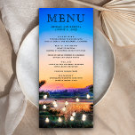 Tropisch strandstralen zonnestralen huwelijk menu<br><div class="desc">Elegant menu met moderne typografie tegen een romantische sunset background.</div>
