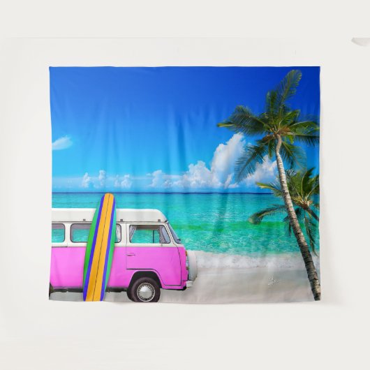 Tropisch strandtafereel Fuchsia Roze Van & Surfpla Wandkleed (Voorkant (horizontaal))