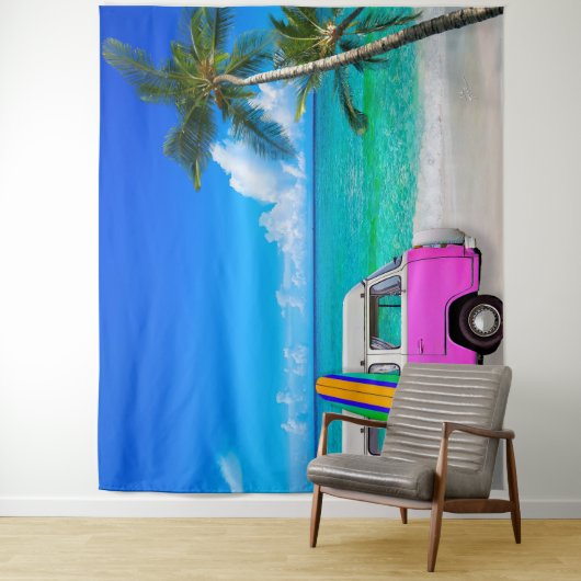 Tropisch strandtafereel Fuchsia Roze Van & Surfpla Wandkleed (In situ)