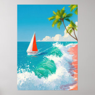 tropisch strandtafereel met zeilboot en golven poster