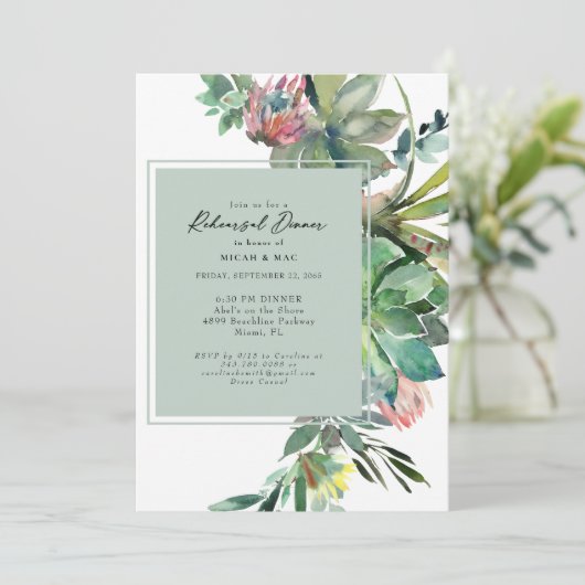 Tropisch Succulent Cactus Sage Rehearsal Dinner Kaart (Staand voorkant)