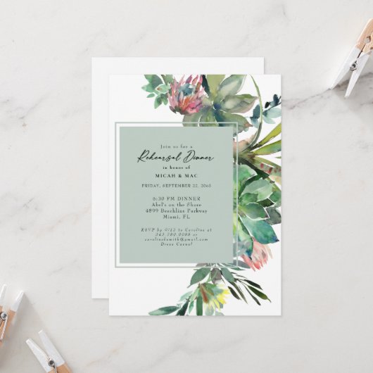 Tropisch Succulent Cactus Sage Rehearsal Dinner Kaart (Voorkant / Achterkant in situ)