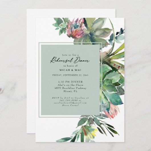 Tropisch Succulent Cactus Sage Rehearsal Dinner Kaart (Voorkant / Achterkant)