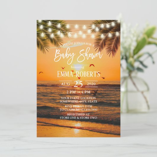 Tropisch Sunset Palm Beach Baby shower Kaart (Staand voorkant)