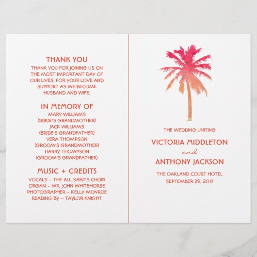 Tropisch Sunset Palm Tree Beach Weddenprogramma (Voorkant)
