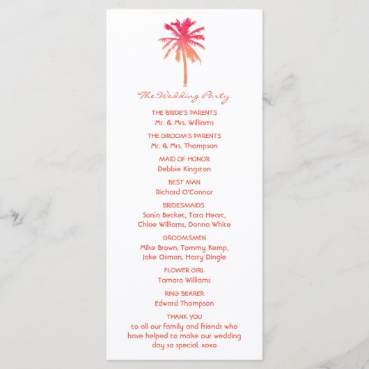 Tropisch Sunset Palm Tree Beach Weddenprogramma Programmakaart (Achterkant)