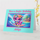 Tropisch Surfen Roze Kitten Verjaardag Kaart (Gele Bloem)