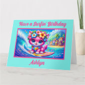 Tropisch Surfen Roze Kitten Verjaardag Kaart (Voorkant)