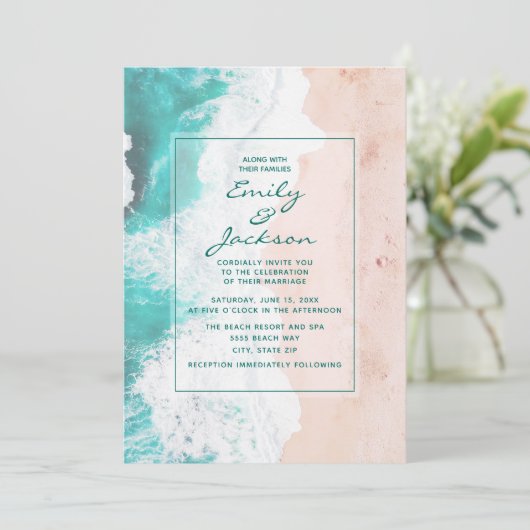 Tropisch Teal Wit Bruin Bruiloft Strand Oceaan Kaart (Staand voorkant)