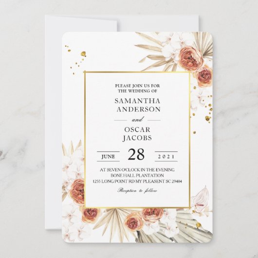 Tropisch Terracotta Gedroogd Palm Leaf Gold Lijst Kaart (Voorkant)