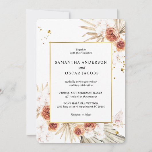 Tropisch Terracotta Gedroogd Palm Leaf Gold Lijst Kaart (Voorkant)