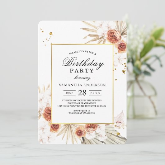 Tropisch Terracotta Gedroogd Palm Leaf Gold Lijst Kaart (Staand voorkant)