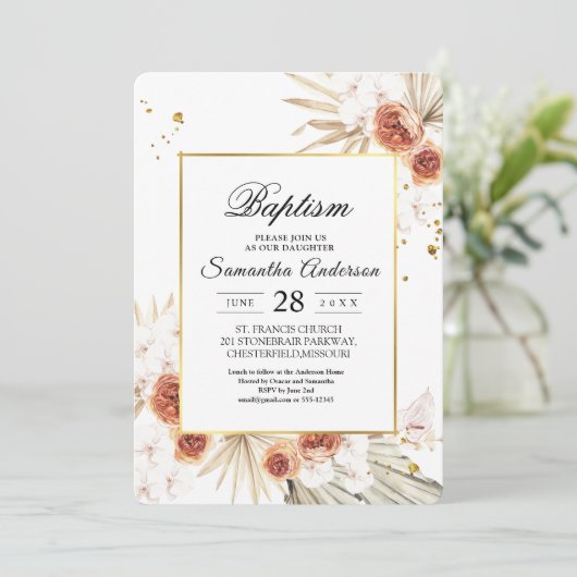 Tropisch Terracotta Gedroogd Palm Leaf Gold Lijst Kaart (Staand voorkant)