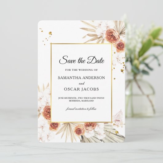 Tropisch Terracotta Gedroogd Palm Leaf Gold Lijst Save The Date (Staand voorkant)