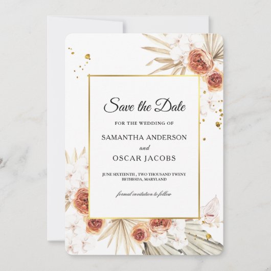 Tropisch Terracotta Gedroogd Palm Leaf Gold Lijst Save The Date (Voorkant)