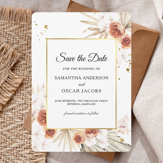 Tropisch Terracotta Gedroogd Palm Leaf Gold Lijst Save The Date