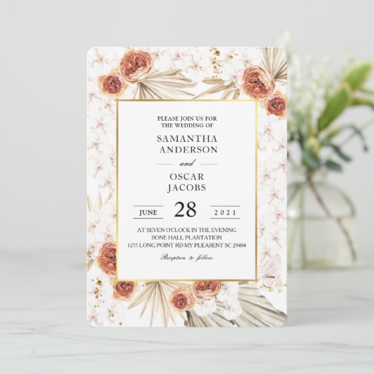 Tropisch terracotta Gedroogd palmpelleder en bloem Kaart (Staand voorkant)