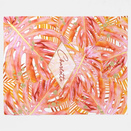 Tropisch Terracotta Monstera Leaf Pattern Modern Fleece Deken (Voorkant (Horizontaal))