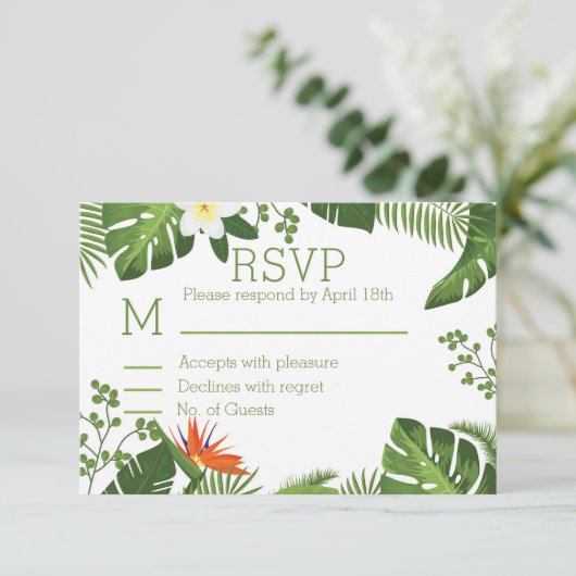 Tropisch thema Botanische RSVP bruiloft (Staand voorkant)