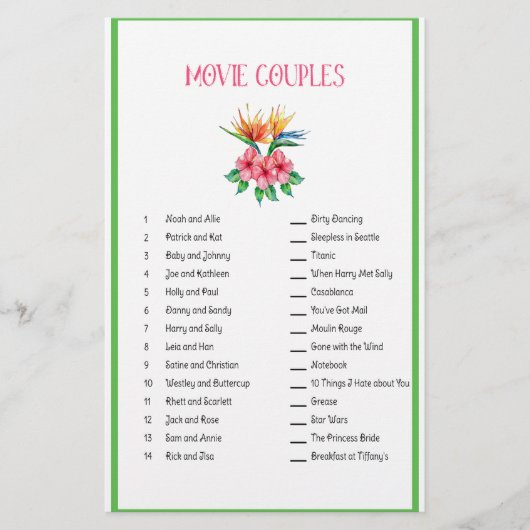 Tropisch thema Filmkoppel Matching Game Briefpapier (Voorkant)