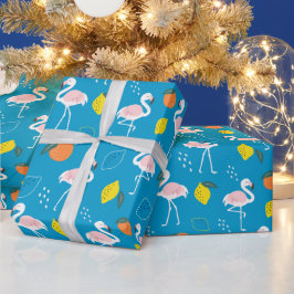 Tropisch thema Flamingo Fruits on Blue Background Cadeaupapier