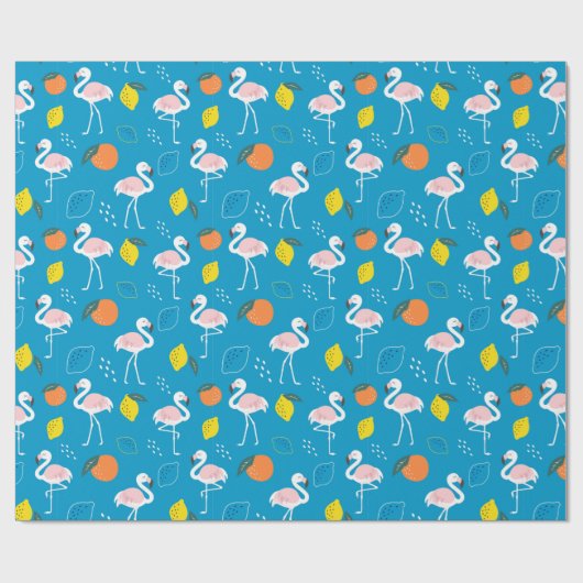 Tropisch thema Flamingo Fruits on Blue Background Cadeaupapier (Vlak)