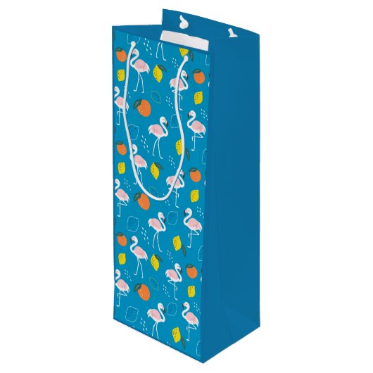 Tropisch thema Flamingo Fruits on Blue Background Wijn Cadeautas (Achterkant Gekanteld)